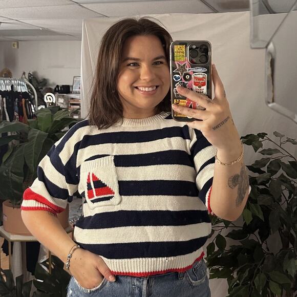 Vintage Cropped Striped Short Sleeve Sweater Top White Blue Size Small - Picture 1 of 5
